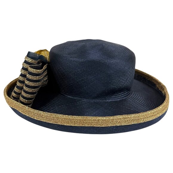 Mr John Classic Church Hat Blue And Gold Floral Bow Embellishments Wide Brim - Picture 8 of 11